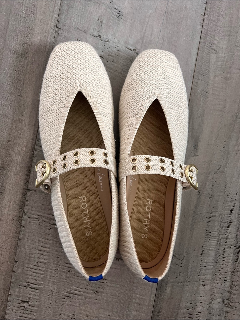Rothy's Cream Knit Mary Jane Flats with Gold Buckle